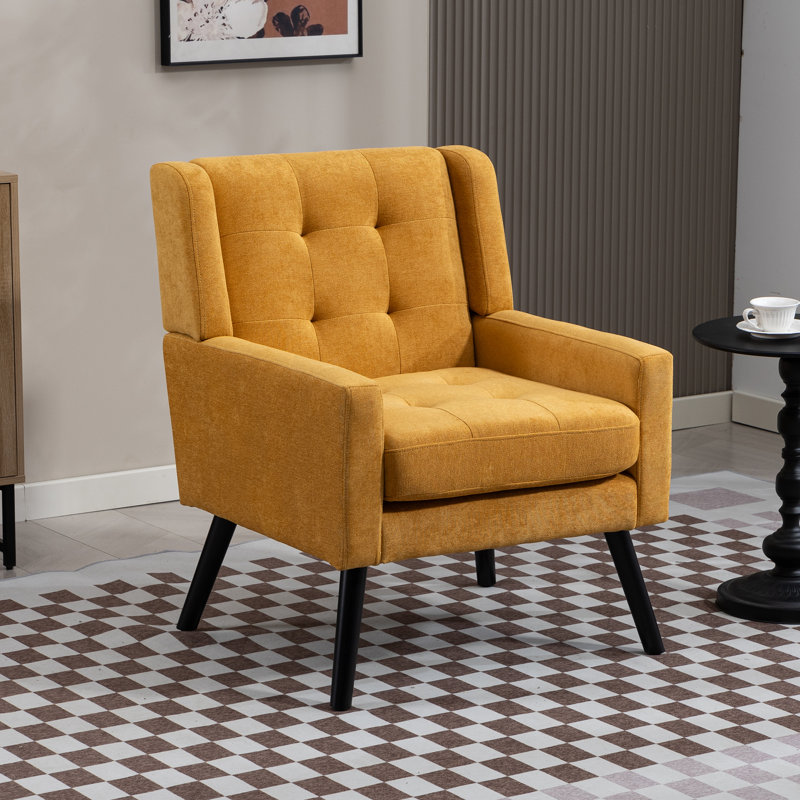 Fauteuil capitonné à dossier large rembourré, Lin jaune