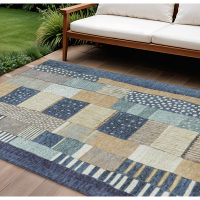 10' X 14' Navy Blue Beige And Ivory Geometric Washable Indoor Outdoor Area Rug
