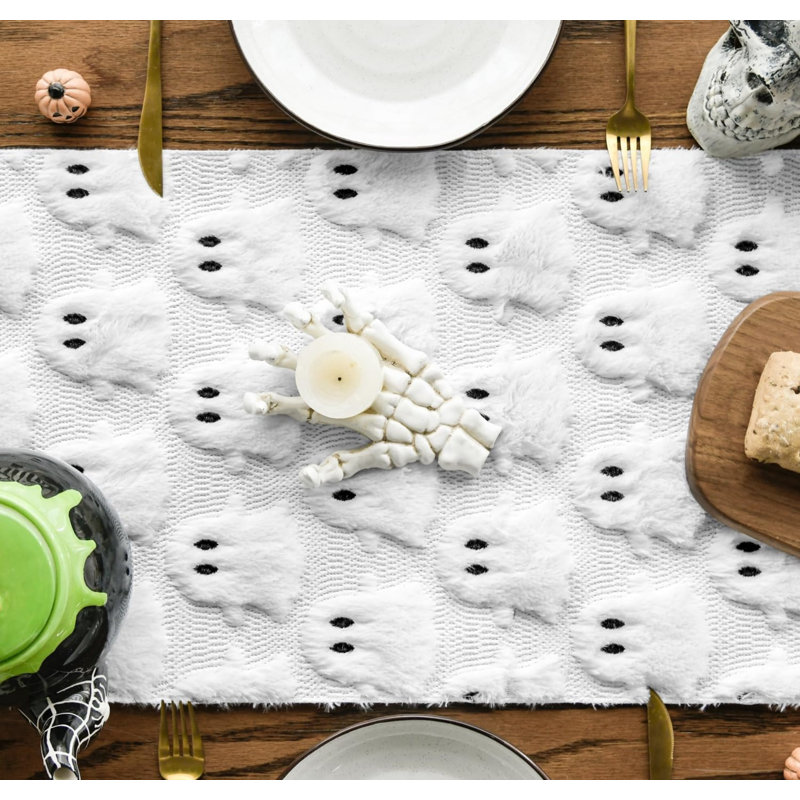 Soft Faux Fur White Ghost Halloween Table Runner 33x153 cm | Seasonal Plush Fall Kitchen Dining Table Decoration for Home Party Decor
