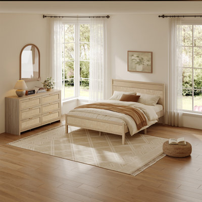 Boho Rattan 2-Piece Bedroom Set, Solid Wood Bed with Choice of Dresser or Nightstand