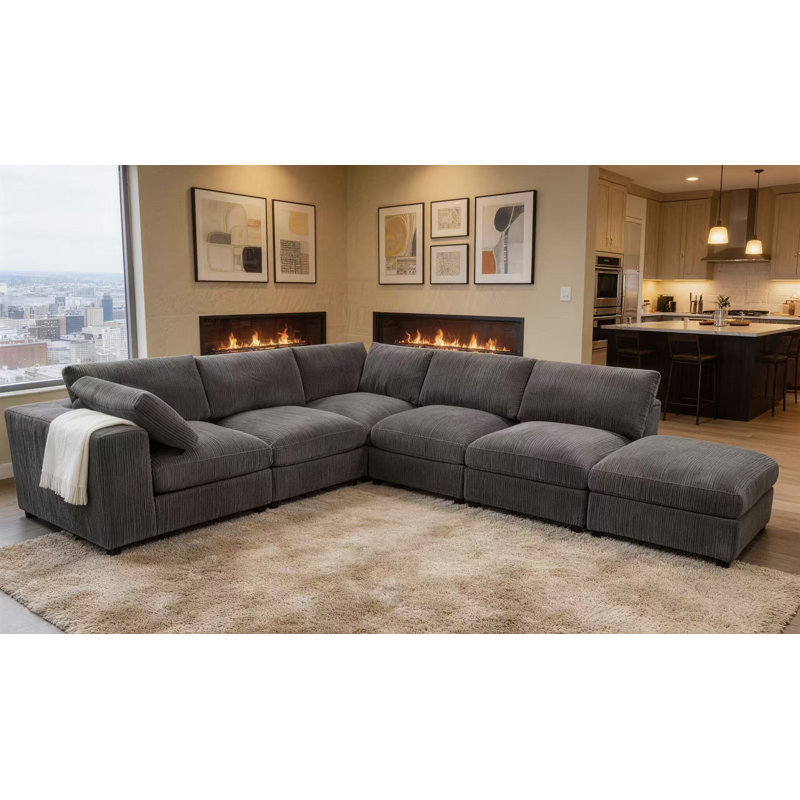 Canapé modulaire de coin avec repose-pieds 108,5 po Arregui, Velours côtelé gris