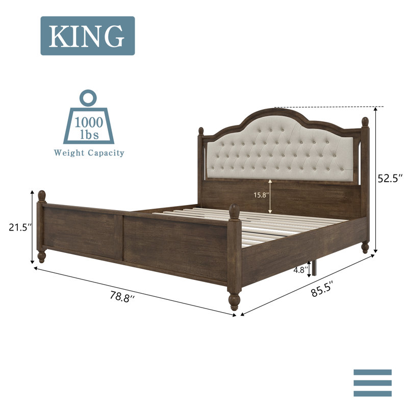 Solid Wood Bed Frame With Linen Upholstered Headboard, Wood Platform Bed With Wood Slats, No Box Spring Needed, Easy Assembly, Walnut