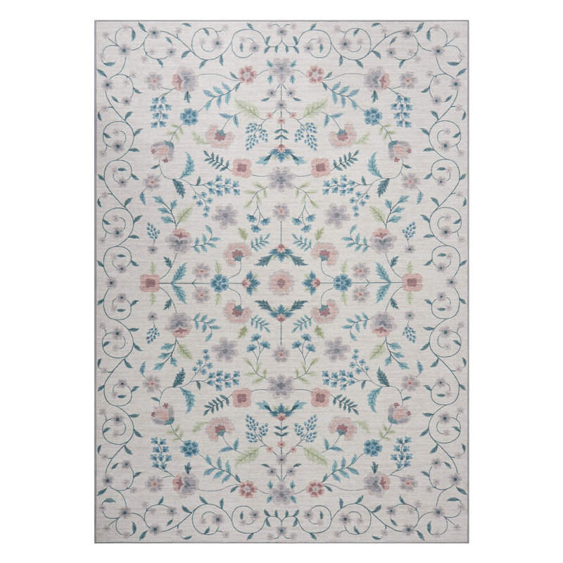 Washable Floral Area Rug - Thin Low Pile Carpet for Living Room, Dining Room, Bedroom, Office - Runner Style, Beige - Durable, Easy Care, Soft Underfoot