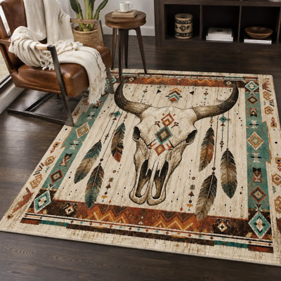 Tapis à imprimé de plumes de crâne de boho de 1 pièce - motif géométrique tribal, tapis rétro de style occidental, surface antidérapante durable pour le salon, la chambre à coucher, la cuisine et le patio