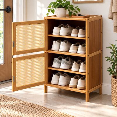 Armoire à chaussures en bambou avec 2 portes en filet, organisateur de rangement à chaussures à 4 niveaux, armoire de rangement à chaussures autoportante avec tablette ouverte, couleur bois naturel, pour le vestibule, le couloir et la chambre à couch