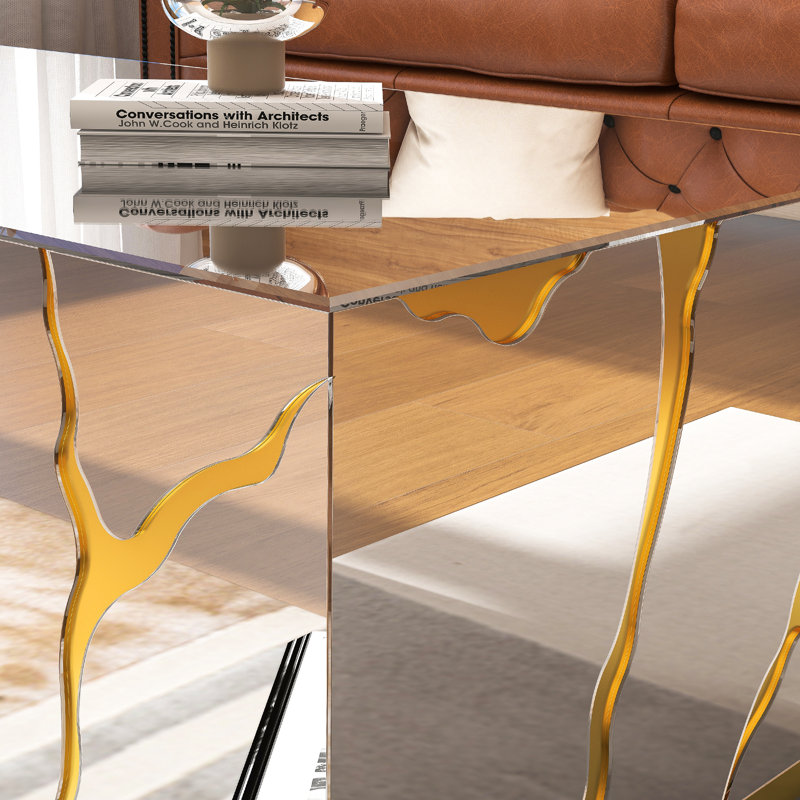 Dalee 39''W Mirrored Block Glass Rectangle Coffee Table With Unique Crackle Design