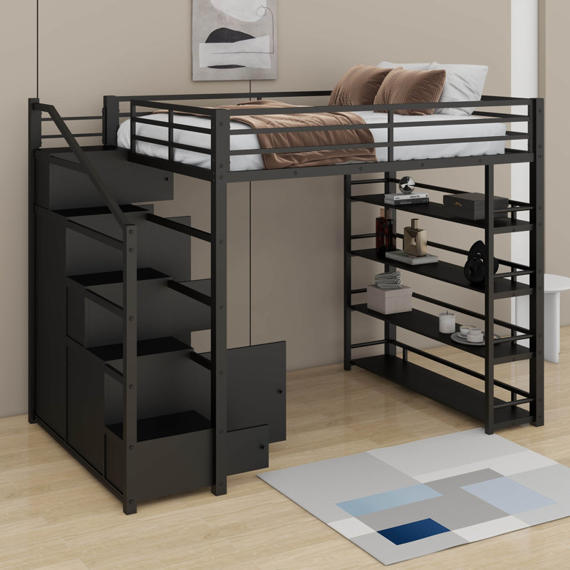 Full Size Metal Loft Bed With Shelves, Cabinets And Wardrobe