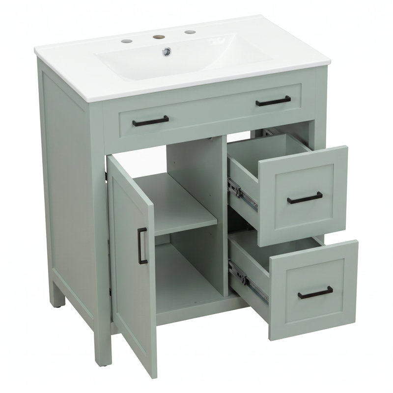 Meuble-lavabo 30 po vert sauge avec lavabo en céramique, structure en bois massif, 2 tiroirs à fermeture en douceur, 1 porte à fermeture en douceur, tablette réglable et poignées noires