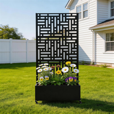 Boîte à fleurs en métal avec treillis et roues