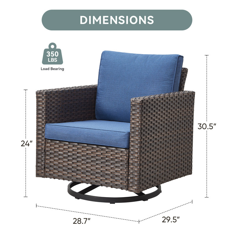 Ingvald Swivel Rocking Patio Wicker Chairs with Cushions (Set of 4), Blue, Brown
