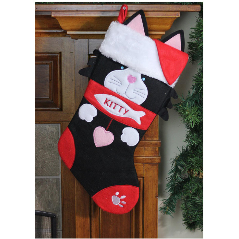Chaussette de Noël pour chat 19,5 po noire et rouge brodée
