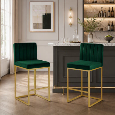 Ensemble de 2 tabourets de bar rembourrés en velours à hauteur de comptoir de 27 po avec structure en fer