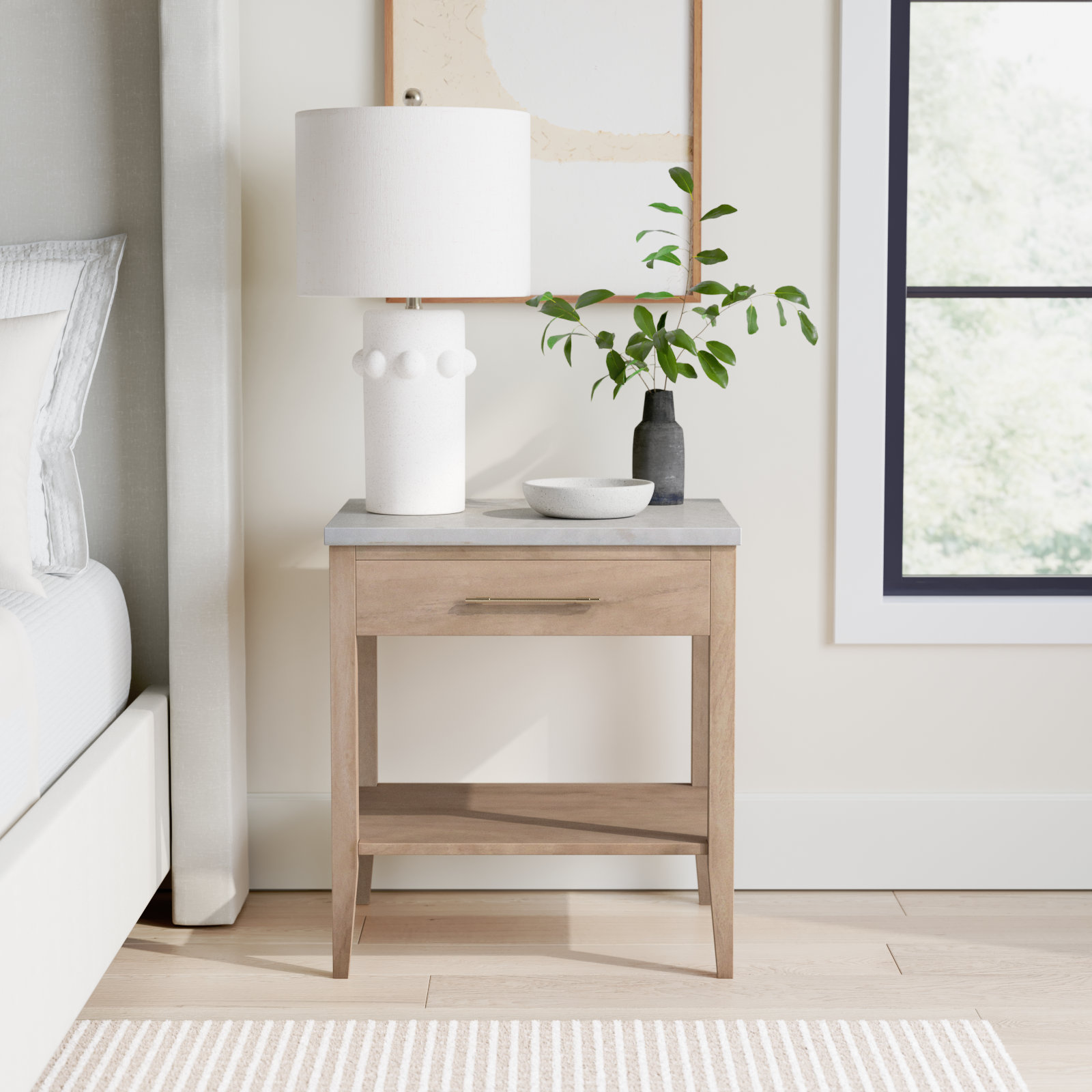 Solid Wood Nightstand with Marble Top, Natural/Ivory