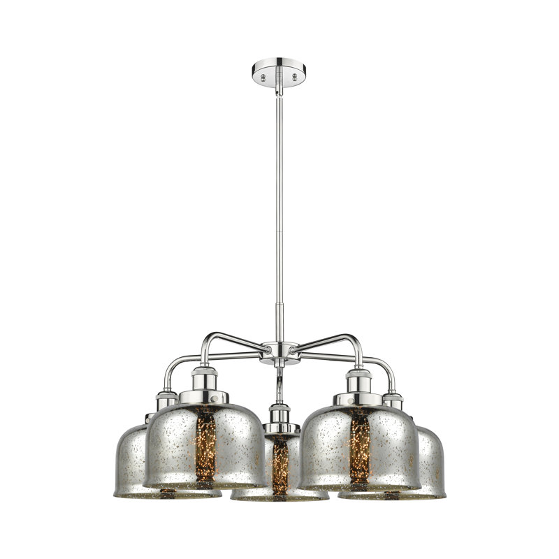 Lustre en verre à 5 lumières Bell, Argent mercuré plaqué, Chrome poli