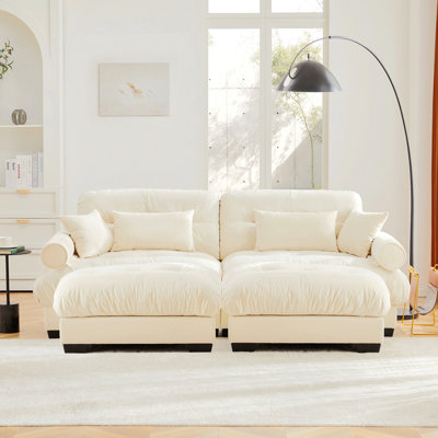 Over Size Two-Seater Sofa With Ottoman, Velvet 2-Seater With Round Bolster Armrests,With Waist Pillow And Throw Pillows, Reading Room , Loft And Bedro