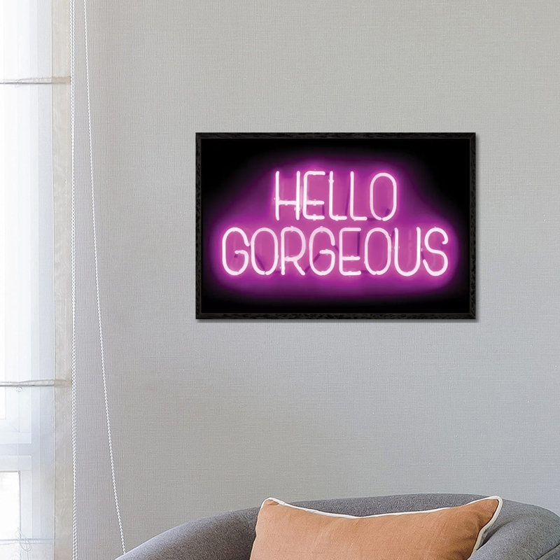 Neon Hello Gorgeous Pink On Black by Hailey Carr - Print on Canvas, Black Framed, 66.04 cm H x 45.72 cm W