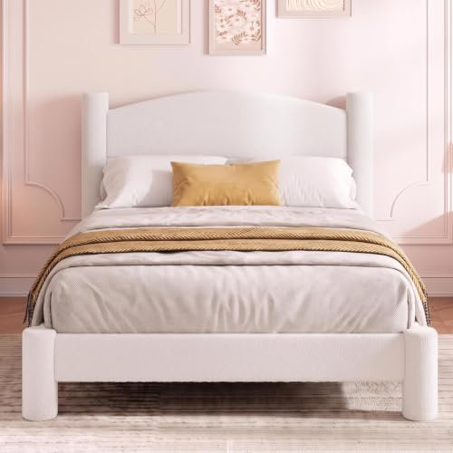 Cadre de lit plateforme capitonné Cloud Boucle avec tête de lit ronde - Pieds cylindriques - Lattes en bois robustes et silencieuses, aucun sommier requis - 1 place, Blanc