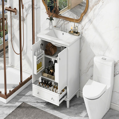 Ensemble de meuble-lavabo 30 po avec lavabo, armoire de salle de bain multifonctionnelle avec portes et tiroir, cadre solide et panneau en MDF, blanc