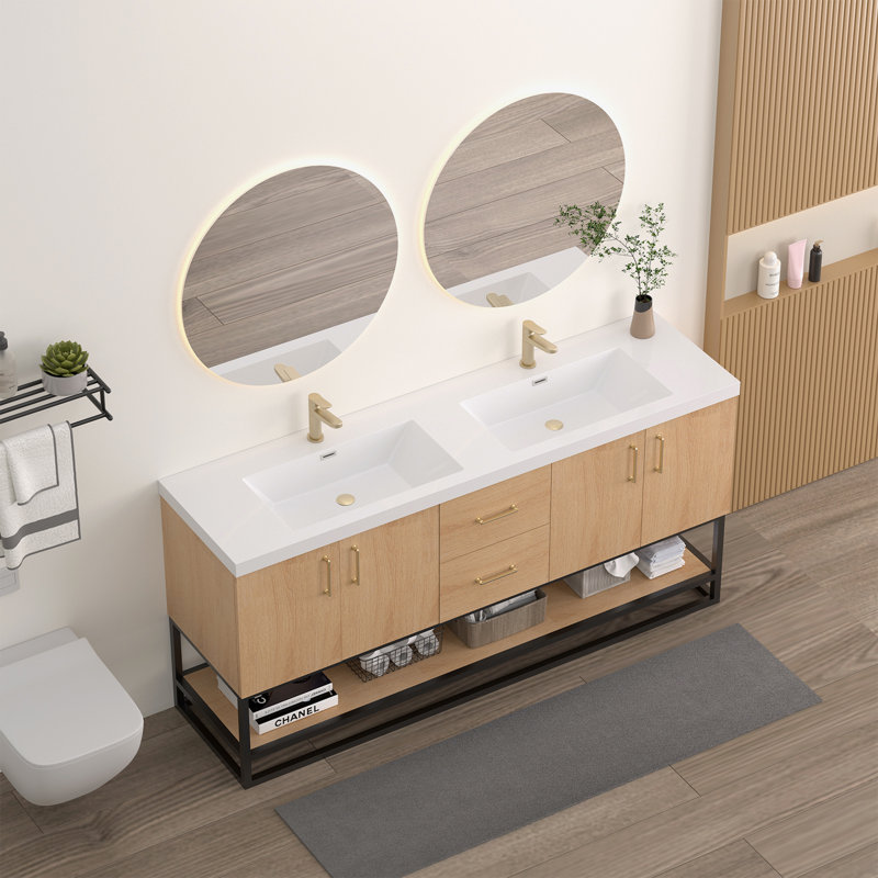 Meuble-lavabo autoportant Arden 72 po avec lavabo intégré en résine et tablette ouverte, 72" W
