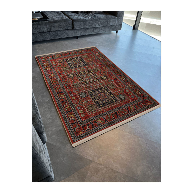 Tapis décoratif rétro à motif rouge traditionnel et traditionnel, Sous-tapis rectangulaire 4 pi 7 po x 6 pi 7 po inc