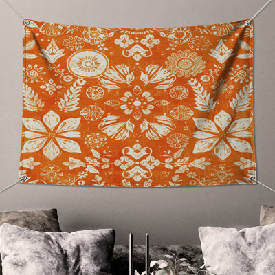 Tapisserie murale orange à motif floral - décoration murale florale