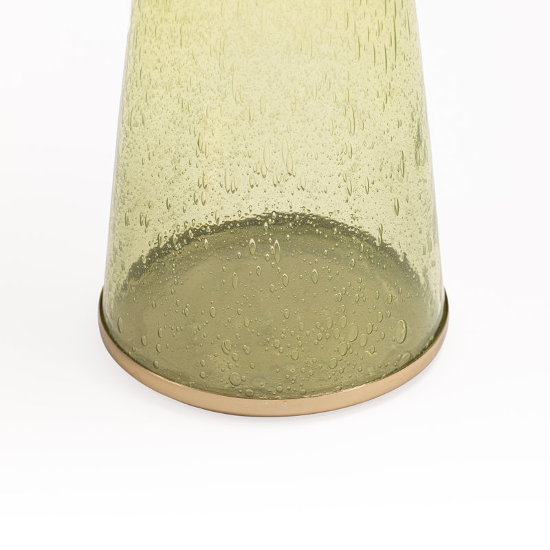 Modern Decorative Round Drink Table with Glass Base and Top with Gold Metal accent, Green
