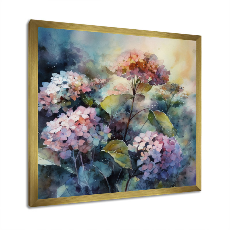 Hydreangea mauve et vert II - imprimé, H 16 po x l 16 po x P 1 po, Cadre flottant doré