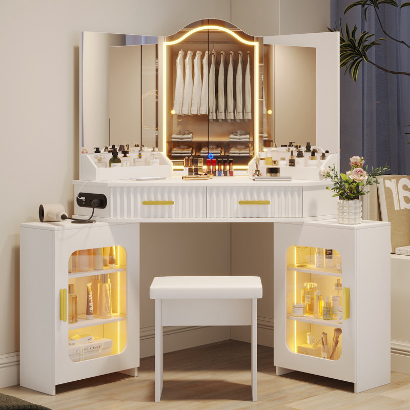 Modern Corner Vanity Set with Lighted Mirror and Outlets, Fluted Makeup Vanity Desk with Large Storage Cabinets, White