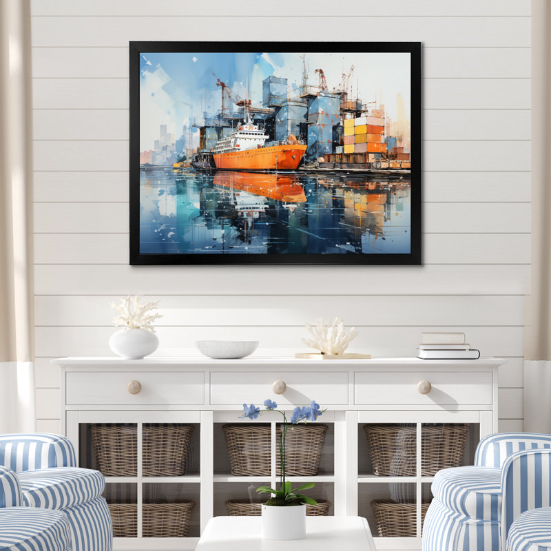 " Port Industrial Reflections ", 34" H x 44" W x 1.5" D, Black Picture Framed