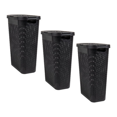  40L Slim Laundry Hamper, Clothes Basket, Lid, Wicker Design, Plastic, Set of 3