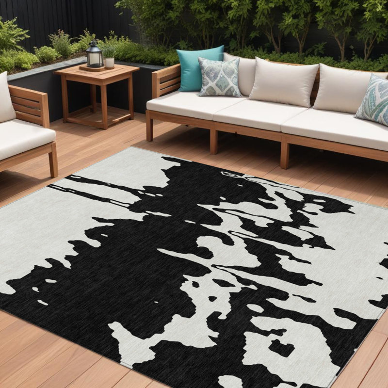 Tapis intérieur lavable abstrait noir et ivoire 9 pi x 12 pi