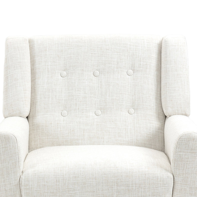 Fauteuil rembourré à large dossier en mélange de lin beige avec pieds en bois massif Davey, Mélange de lin beige