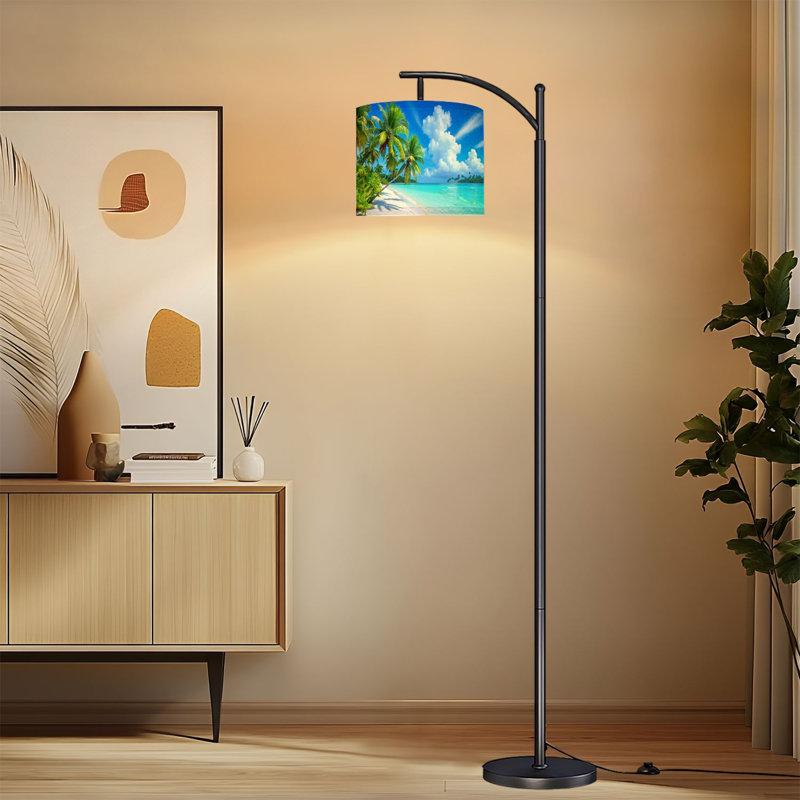 Lampe sur pied à arc avec abat-jour réglable plage tropicale palmiers turquoise eau côtière paysage debout lampe 3 températures de couleur à intensité variable haute lampe sur pied avec interrupteur au pied pour la chambre à coucher