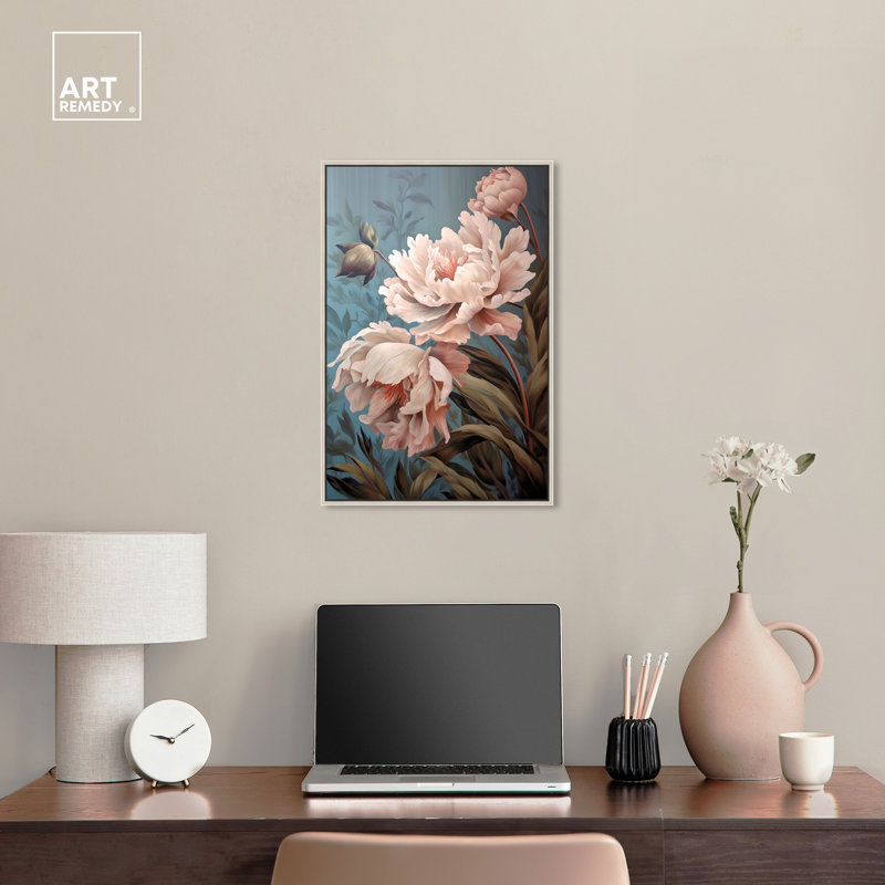 Elegant Pink Peonies Canvas Wall Art with Silver Frame