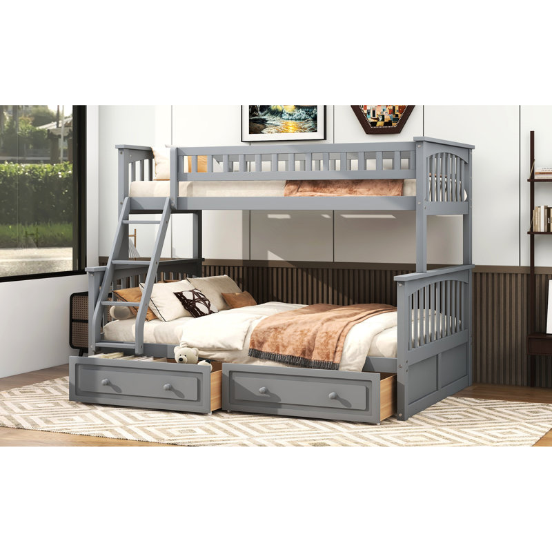 Lit simple gris convertible au dessus d'un lit double avec tiroirs, lit superposé, bois de pin et structure stable et sécurisée, garde-corps pour dormir, installation simple, construction de mission, projet