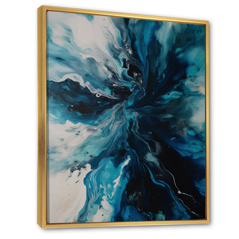 Teal and Black Aqueous Whimsy II - Abstract Canvas Art, Gold Floater Framed, 44" H x 34" W x 1.5" D