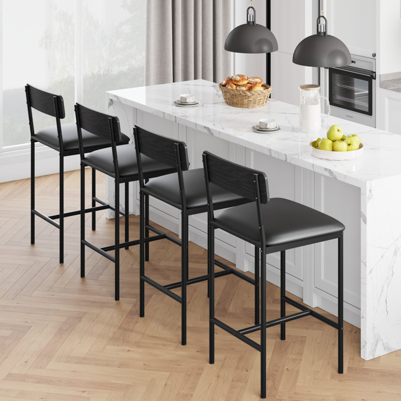 Bar Stools  With Footrest, Upholstered Bar Chairs With Back, Counter Height Barstools, Set Of 4, Black