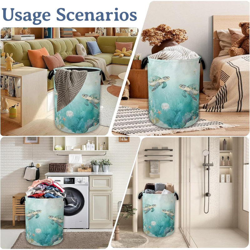 Sea Turtles Laundry Basket,Foldable Oxford Cloth Jellyfish Coral Laundry Hamper With Handles, Tote Bag Clothes Storage Bucket For Laundry Room/Bathroom/Bedroom/Dormitories