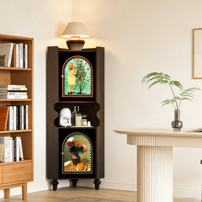 70.87"H Vintage Solid Wood Corner Cabinet with Artwork Design, Living Room Nook Sideboard & Dining Room Storage Cabinet
