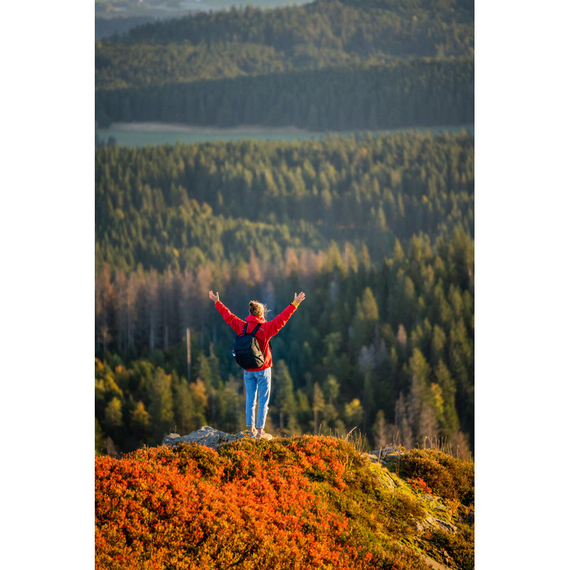 Female Hiker Relaxes On Grassy Mountain Ridge by AscentXmedia - No Frame Art Prints on Canvas, 46cm H x 30cm W