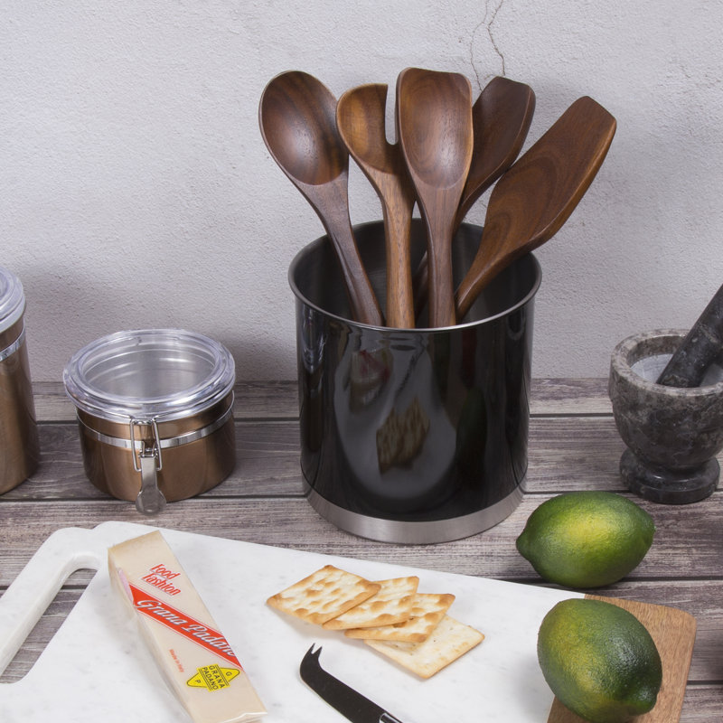 Pot à ustensiles Creative Home en acier inoxydable avec base lestée anti-basculement, noir, H 7 po x l 7 po x P 7 po, Noir