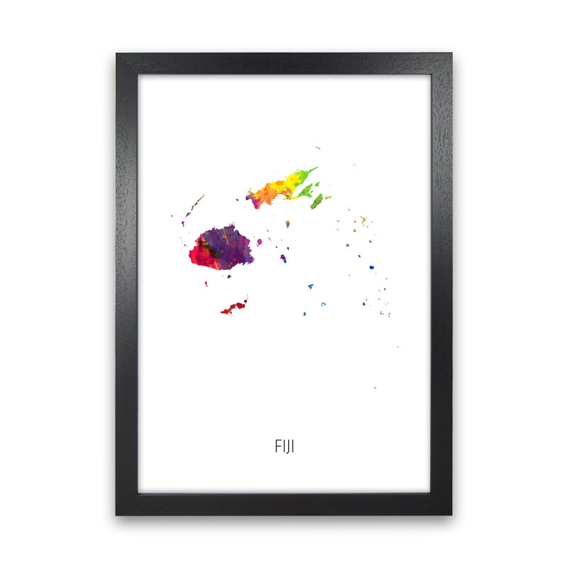 Fiji Watercolour Map by Michael Tompsett - Print, 63cm H x 46cm W x 3cm D, Black Framed