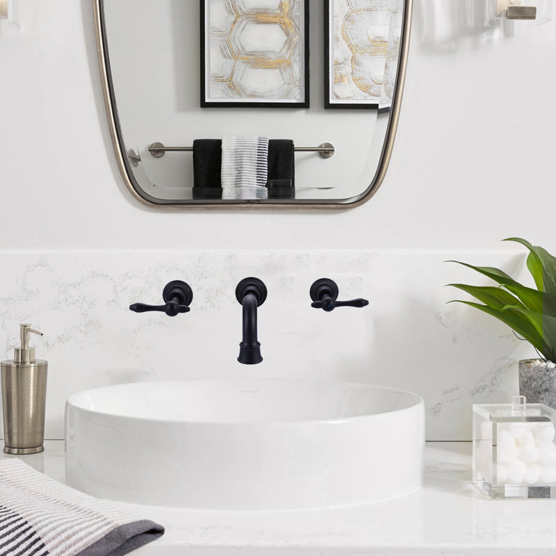 Brass 3 Hole Wall Mounted 8 In. Widespread Double Handle Bathroom Faucet With Brass Value, Matte Black