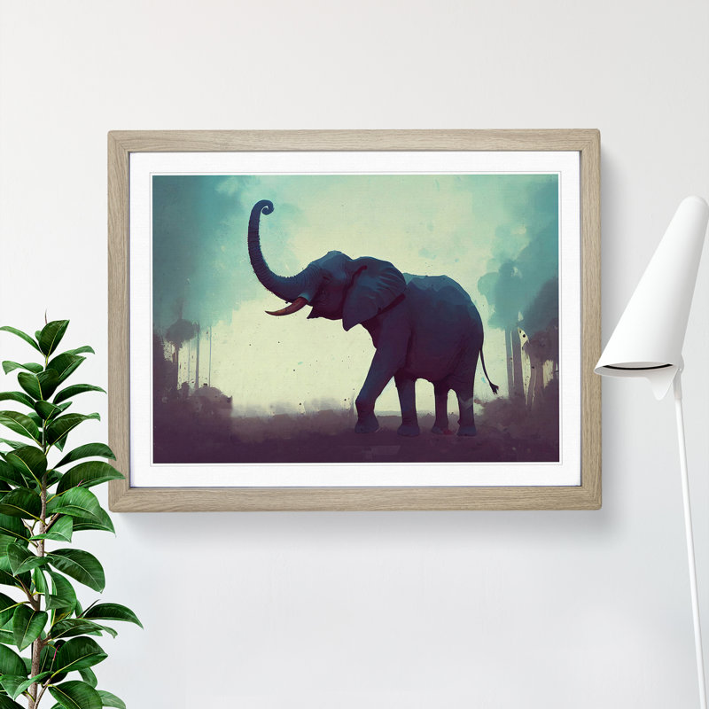 Elephant - Single Picture Frame Print, 46cm H x 64cm W x 2cm D, Oak 