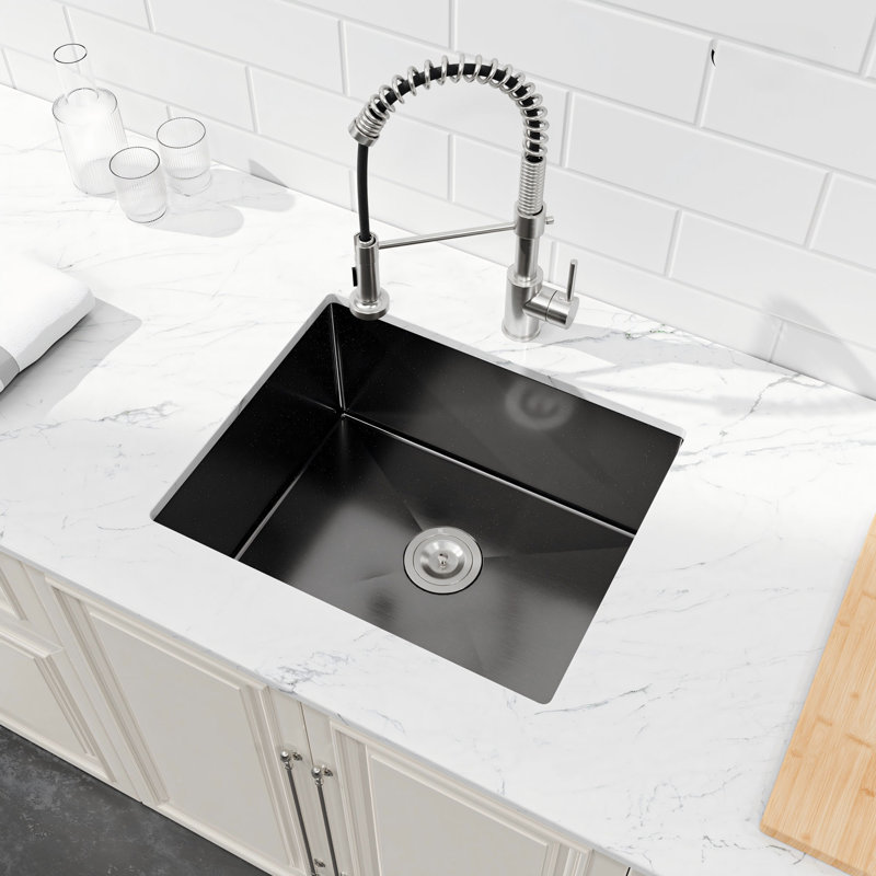 Évier de cuisine en acier inoxydable à simple cuve moderne avec drain, crépine, 23" x 19" x 10", Black