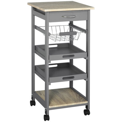 Mobile Rolling Kitchen Island Trolley Serving Cart With Underneath Drawer & Slide-Out Wire Storage Basket