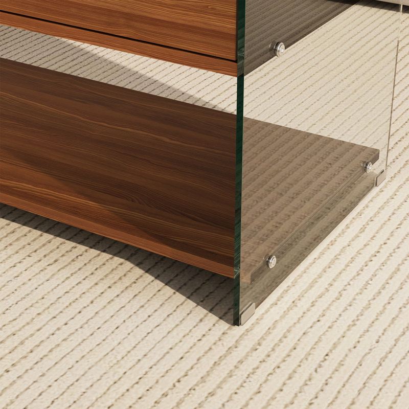 43'' W Rectangular Coffee Table with Tempered Glass Top, Walnut Finish, Drawers & Open Shelf