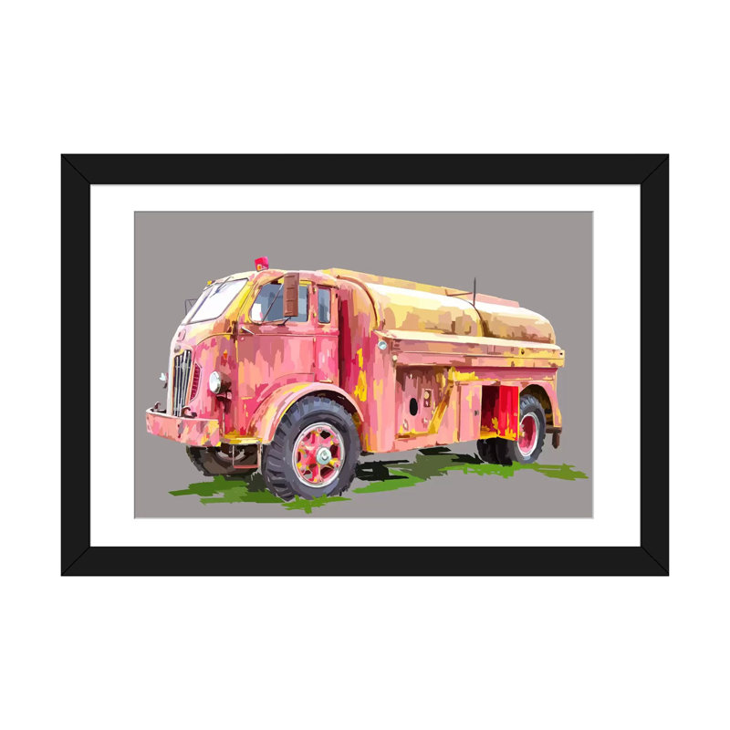 «Painterly Firetruck», reproduction sur toile, H 24 po x l 32 po x P 1 po, Papier d'art encadré noir, Blanc