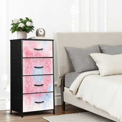 Commode 4 tiroirs pour chambre à coucher, commode étroite, plateau en bois et structure en fer 18 "x 37,5" - (l x H) - avec aquarelle imprimée de mandalas