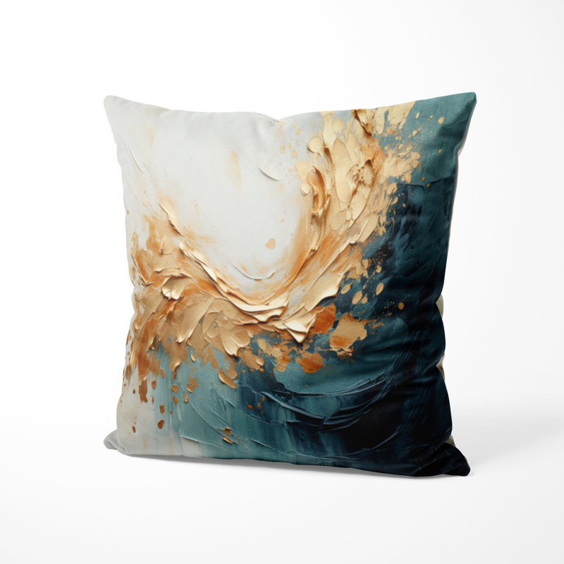 Coussin décoratif doré et bleu sarcelle Aurora Harmony I, H 18 po x l 18 po
